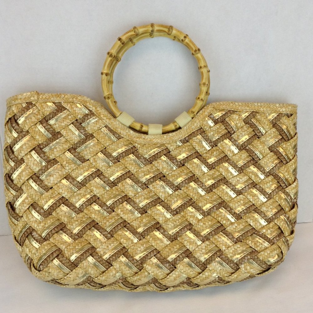 Straw & Faux Leather Handbag with Bamboo Handles
